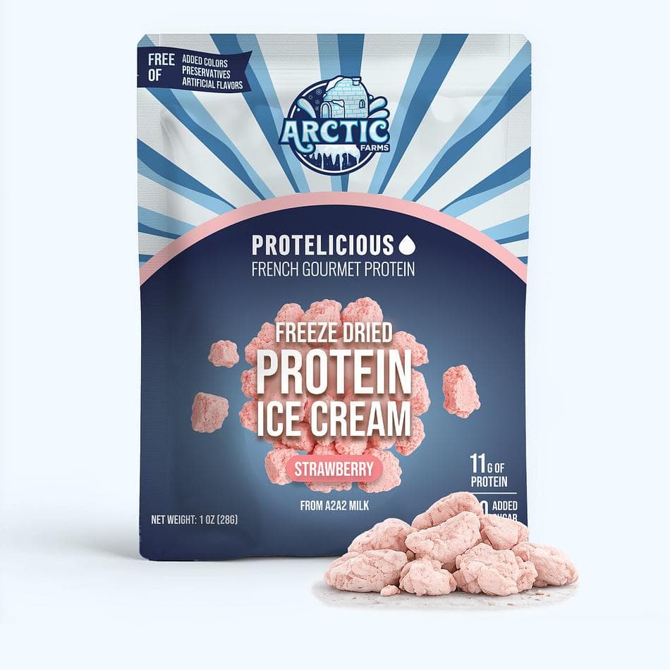 Freeze-Dried Protein Ice Cream Bites, A2A2 Milk & Strawberry Purée, Zero Added Sugar, 10g Protein, Pack of 3 Resealable Bags (1 oz each)