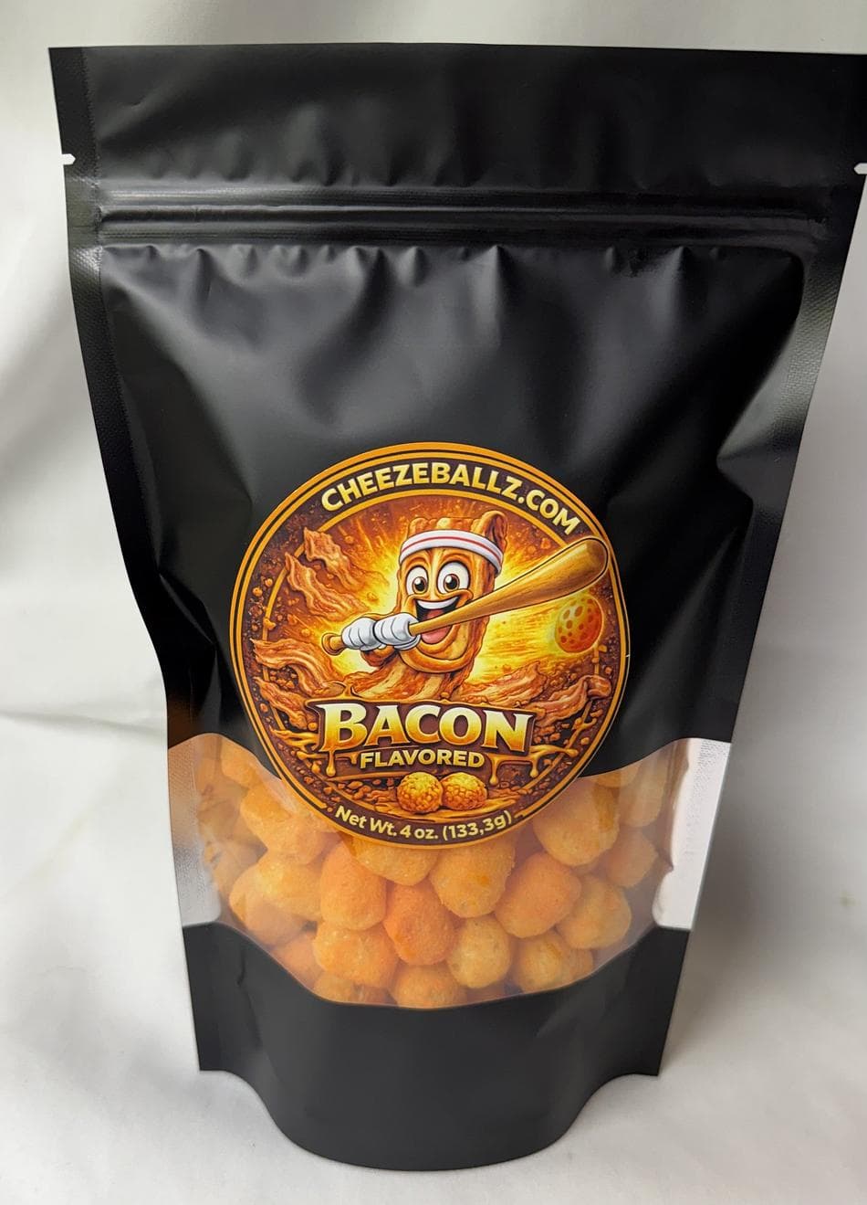 Bacon Flavored Cheese Ball Puffs, Gluten-Free Crunchy Snack, Resealable 4 oz Pouch