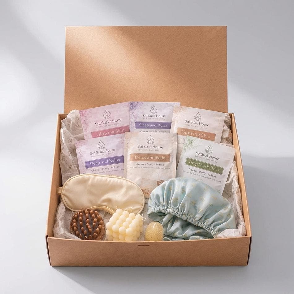Self-Care Bath Gift Box, Tea Bath Bags & Candles, Relaxing Spa Ritual Kit, Massage Brush + Eye Mask, 6 Bath Bags Set