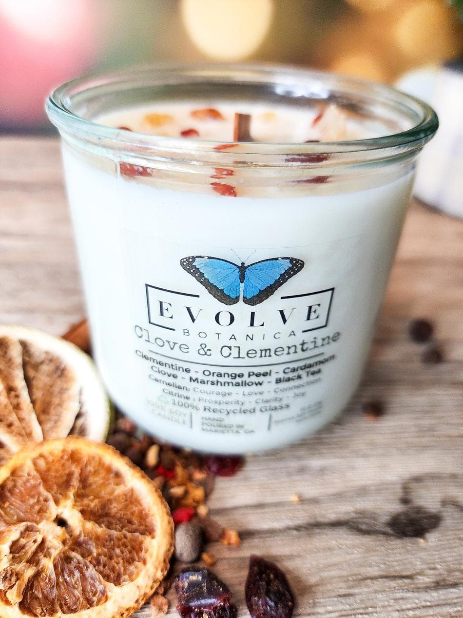 Soy Candle, Clove & Clementine Citrus Spice, Crackling Wood Wick, Recycled Glass, Gemstones, 1 Candle