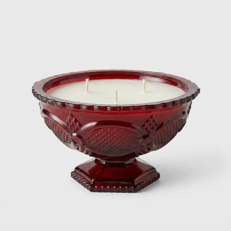 Vintage Ruby Glass Pedestal Candy Dish Soy Candle, Very Vanilla, Triple Wick, Reusable Vessel, 11.62 oz