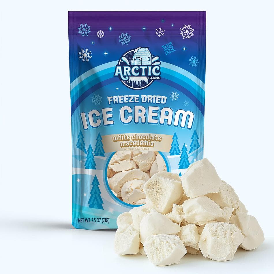 Freeze-Dried Ice Cream Bits, White Chocolate Macadamia, No-Melt Crunchy Snack, Shelf-Stable, Large Resealable Bag (2.5 oz)