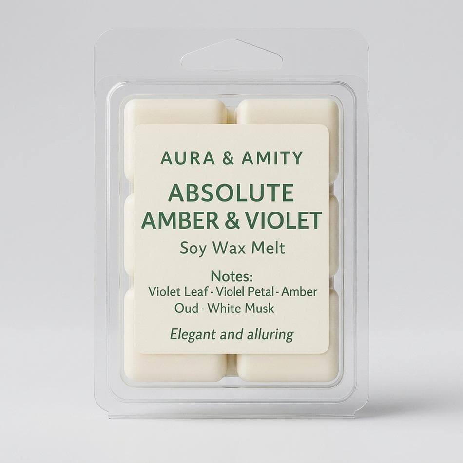 Soy Wax Melts, Amber & Violet with Oud and White Musk, Floral Woodsy Home Fragrance, 6-Cube Clamshell