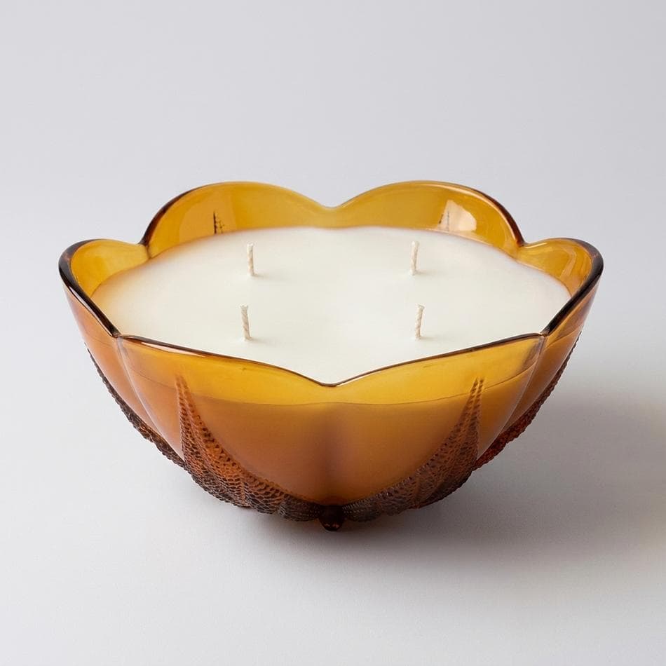 Vintage Amber Glass Bowl Soy Candle, Mango Coconut Milk, Anchor Hocking-Style Beaded Leaf, Multi-Wick, 18.55 oz