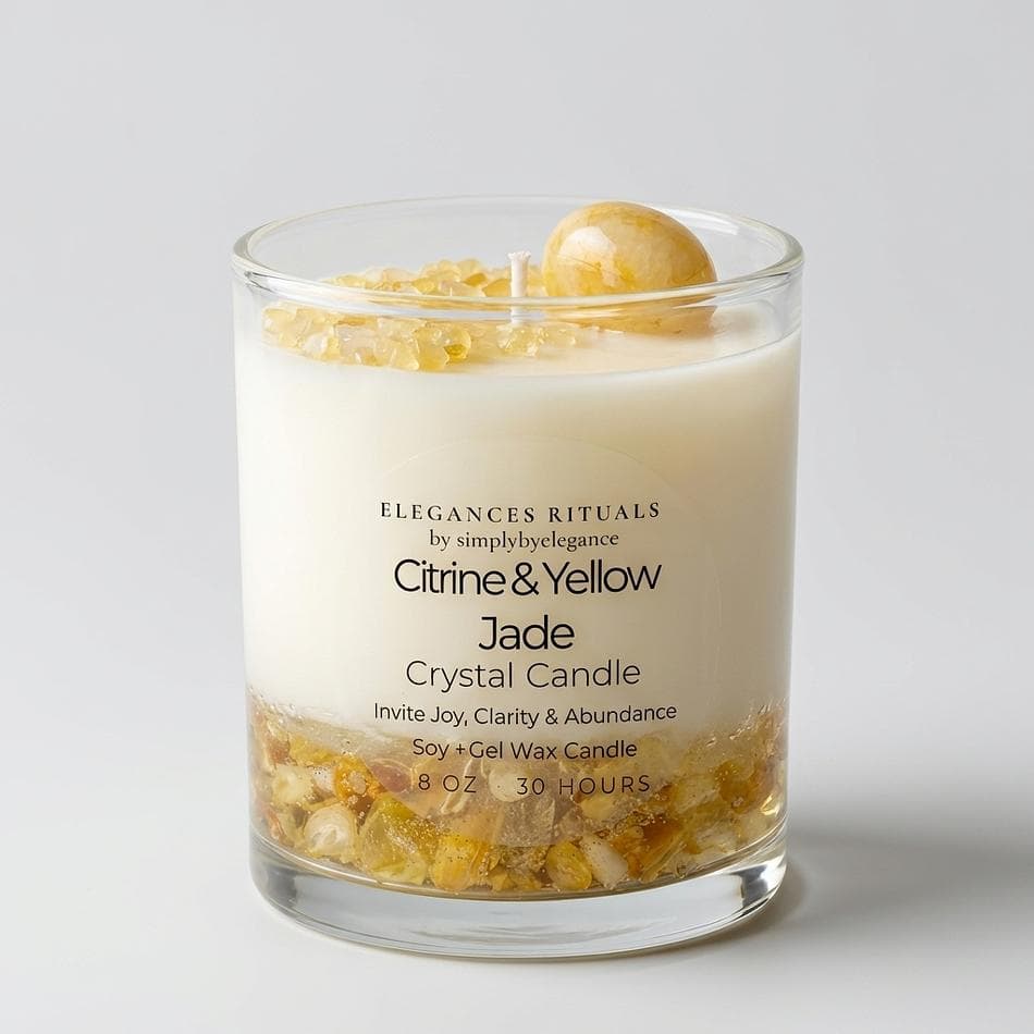 Crystal Intention Candle, Soy + Gel Wax, Yellow Jade & Citrine, Joy & Abundance, Clean Fresh Scent, 8 oz
