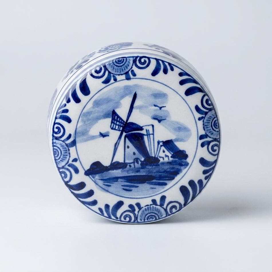Vintage Delft Blue Ceramic Trinket Box Soy Candle, Elderberry Nectar, Double Wick, 2.4 oz, Lidded Windmill Vessel