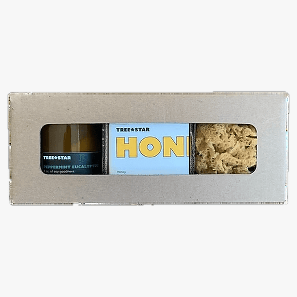 Self-Care Gift Set, Natural Sea Wool Sponge + Super-Fatted Bar Soap + 9 oz Soy Candle, Custom Message, 3-Piece