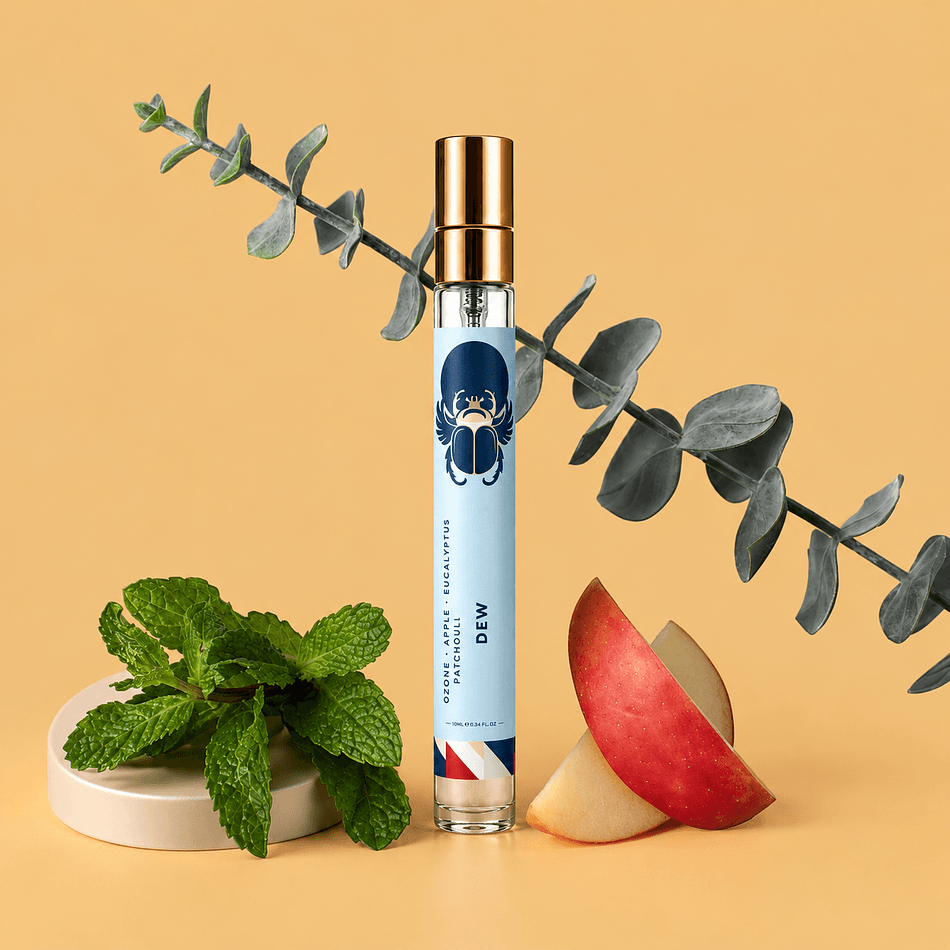 DEW Travel Eau de Parfum Spray, Ozone Apple & Eucalyptus, Fresh Clean Scent, Amber Patchouli Base, 10ml Glass Bottle