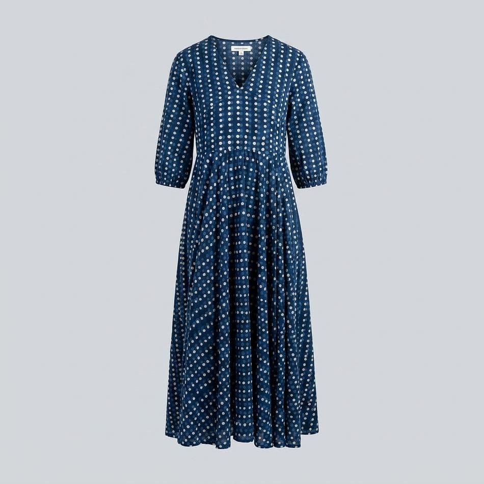 Cotton Maxi Dress, Natural Indigo Dye, Hand Block Printed Dabu Dot, Relaxed Fit, Hidden Back Zipper, Blueberry