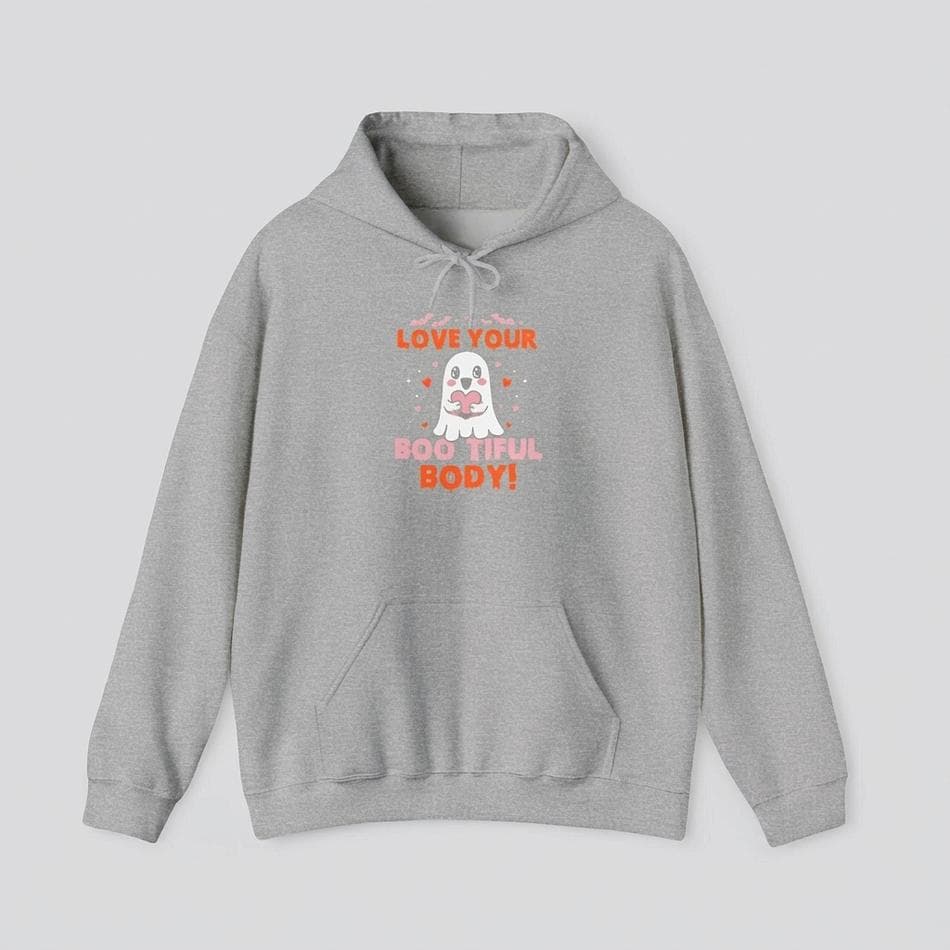 Plus Size Graphic Pullover Hoodie, Cotton-Poly Fleece, Body Positive Halloween "Boo-tiful Body", Kangaroo Pocket, S-5XL