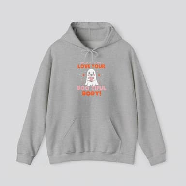 Plus Size Graphic Pullover Hoodie, Cotton-Poly Fleece, Body Positive Halloween "Boo-tiful Body", Kangaroo Pocket, S-5XL