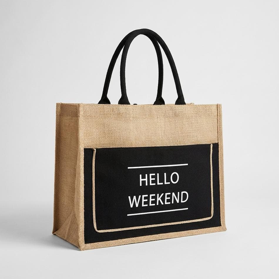 Large Burlap-Style Tote Bag, Polyester Canvas Handles, Hello Weekend Graphic, Beach & Market Carryall, 18 x 14 in