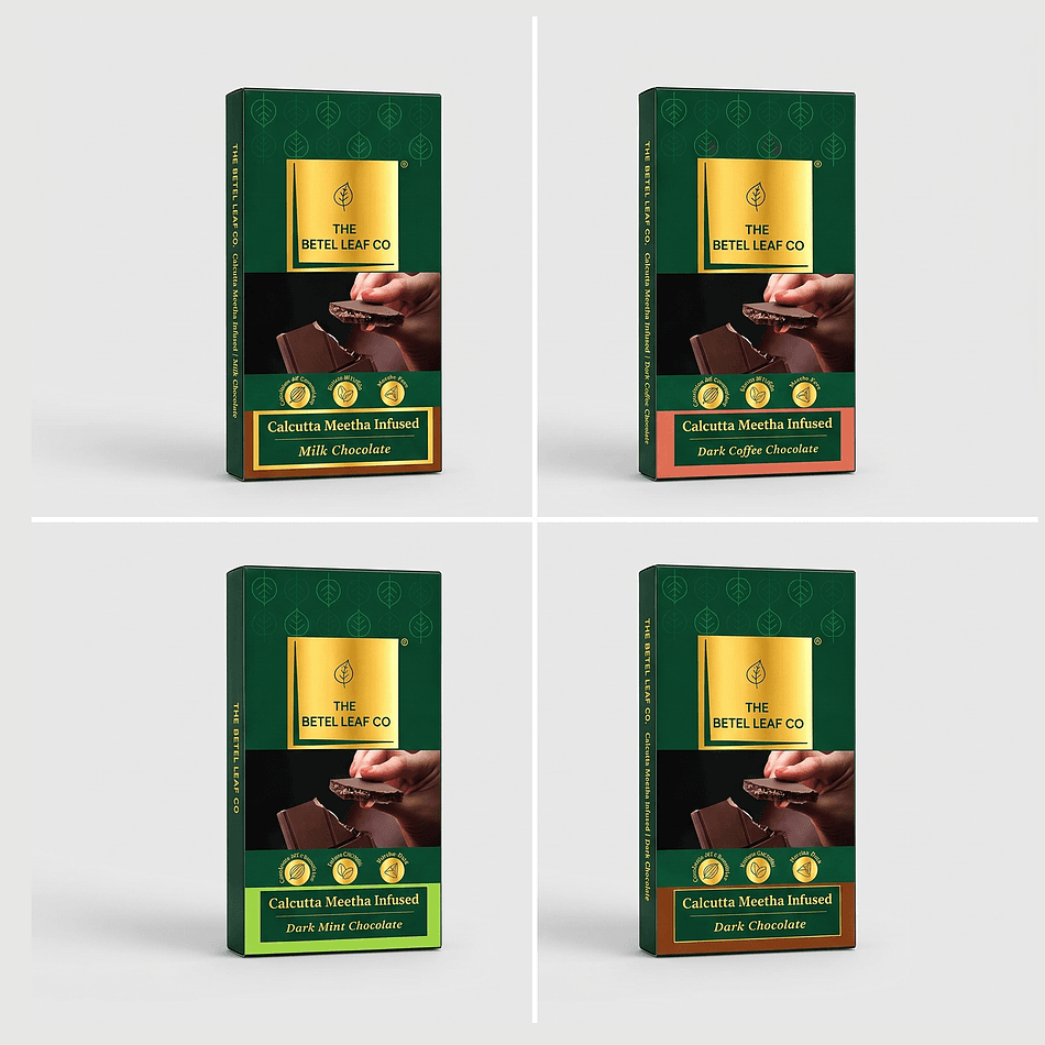 Assorted Paan Filled Exotic Chocolate Bars, Betel Leaf Meetha Paan, Variety Pack of 4, Dark/Milk/Mint/Coffee, 100g Each