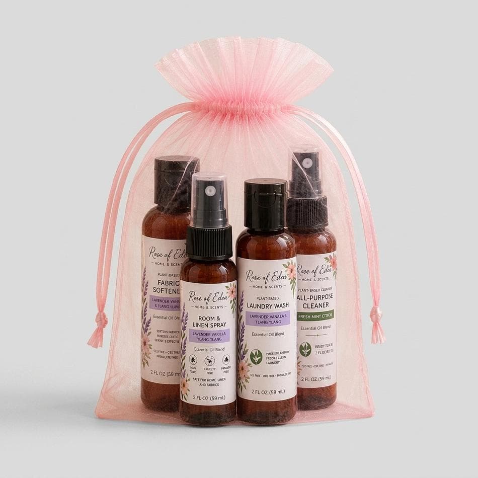 Travel-Size Home Cleaning Kit, Essential Oils, Clean Laundry + Linen Spray + All-Purpose Cleaner, 4 x 2 oz Mini Bottles