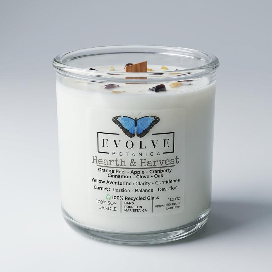 Wood Wick Soy Candle, Orange Peel & Apple, Cozy Autumn Spice Scent, Garnet + Yellow Aventurine, Recycled Glass Tumbler