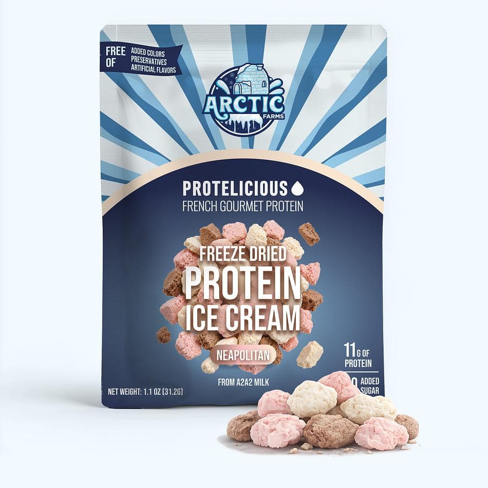 Freeze-Dried Protein Ice Cream, A2A2 Milk & Allulose, Zero Added Sugar Crunch Snack, Neapolitan, Pack of 3 Resealable Bags (1.1 oz each)
