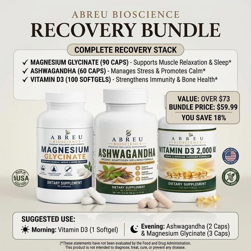 Supplement Bundle, Magnesium Glycinate + Ashwagandha + Vitamin D3, Sleep & Muscle Recovery Support, 3-Product Stack