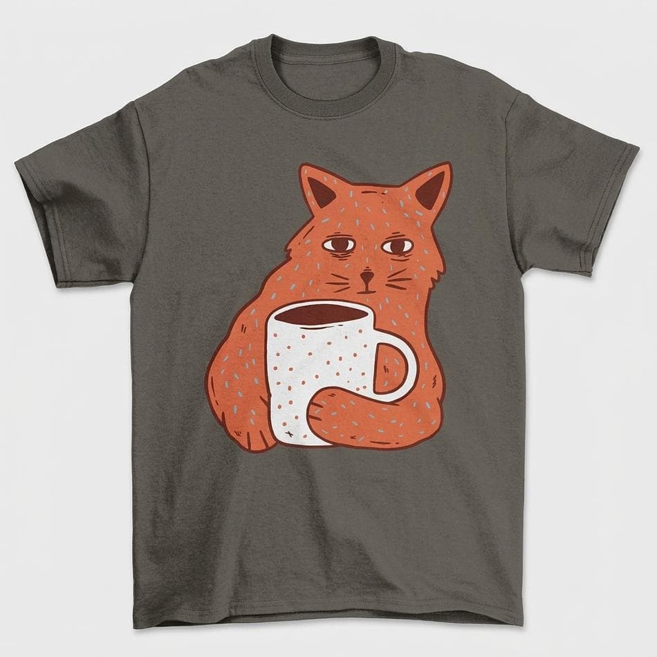 Cat Graphic T-Shirt, Cat & Coffee Cup Illustration, Cozy Coffee Lover Tee, Unisex Crewneck, Sizes S–3XL