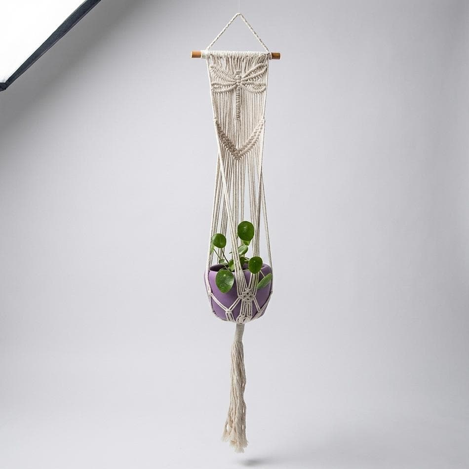 Macramé Plant Hanger, Natural Cotton, Dragonfly Design, Boho Hanging Planter Holder, 36 in x 8 in, Single