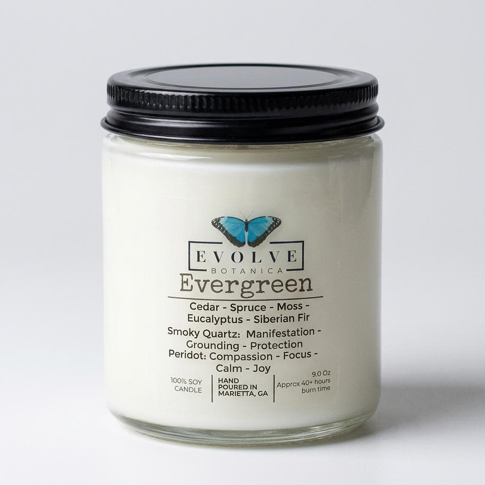 Evergreen Soy Candle, Cedar Spruce Moss Eucalyptus Fir, Wood Wick Option, Smoky Quartz & Peridot, 9oz Jam Jar