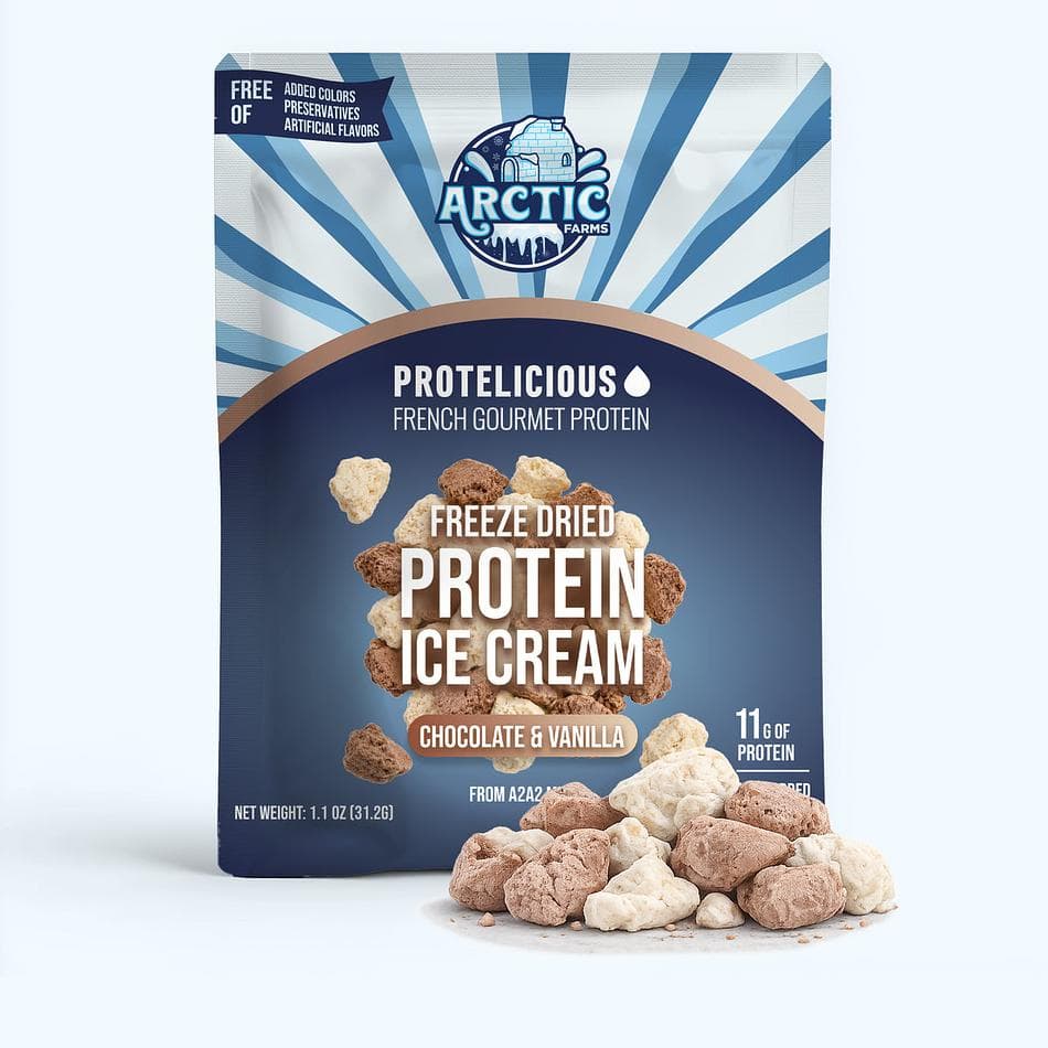 Freeze-Dried Protein Ice Cream, A2A2 Milk & Cocoa, Zero Added Sugar Crunch Snack, Vanilla Chocolate Mix, Pack of 3 Resealable Bags (1.1 oz each)