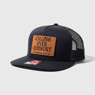 7-Panel Trucker Hat, Laser-Engraved Tan Leather Patch, Breathable Mesh Snapback, Calling Over Comfort, Richardson 168, OSFM