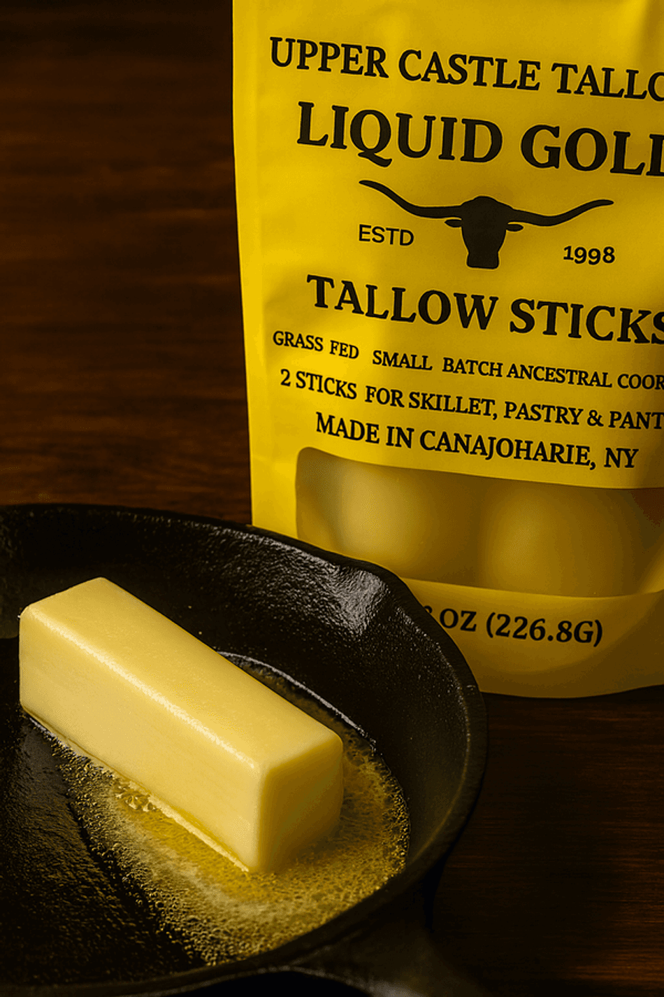 Beef Tallow Cooking Sticks, Grass-Fed Rendered Suet, Seed-Oil-Free High-Heat Cooking, 2-Pack 4 oz (8 oz Total)
