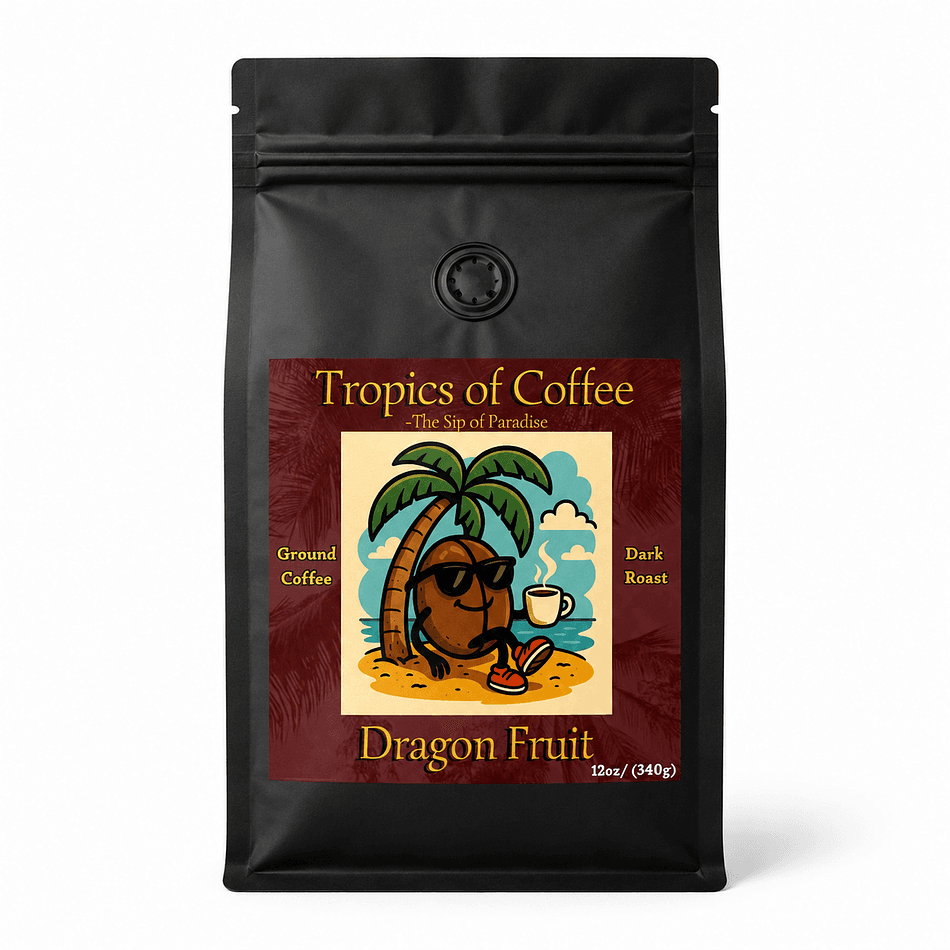 Premium Dragon Fruit Flavored Ground Coffee, Smooth Tropical Flavor, 12 oz bag with resealable pouch and degasser valve