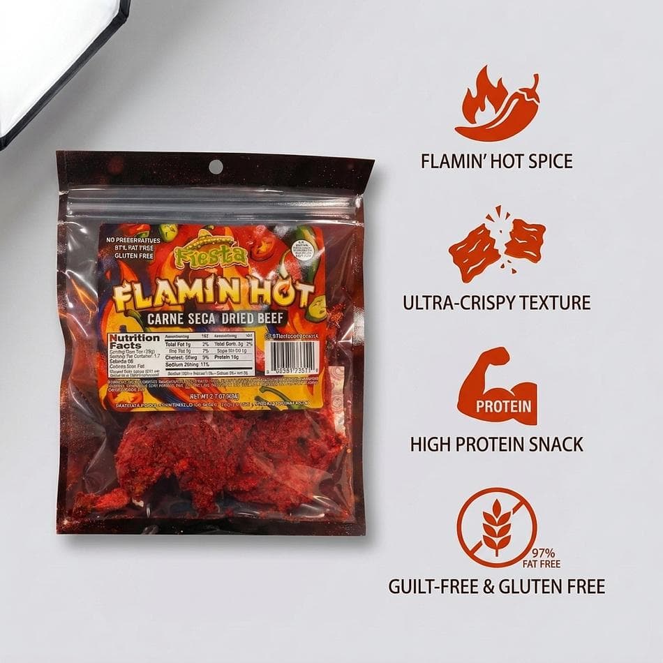 Crunchy Carne Seca Beef Jerky, Flamin’ Hot Chili Pepper Spice, Ultra-Crispy Thin Slices, Spicy Protein Snack, 1 Bag