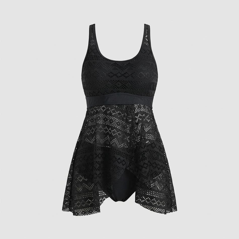 Swim Dress & Bikini Bottom Set, Polyester-Spandex Lace Detail, Modest Beach Coverage, Black, 2-Piece (S–2XL)