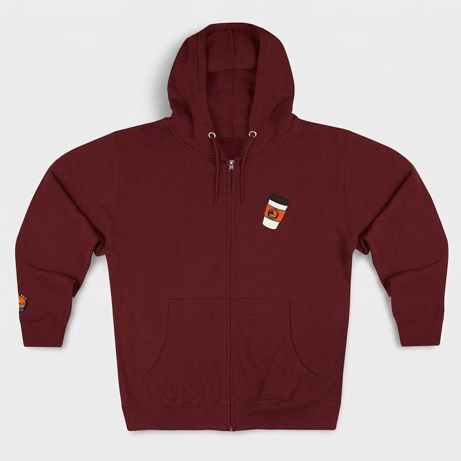 Funny Coffee Zip-Up Hoodie, 80/20 Cotton Fleece, YKK Zipper, Cozy Midweight 8.25 oz, Back Graphic, Burgundy