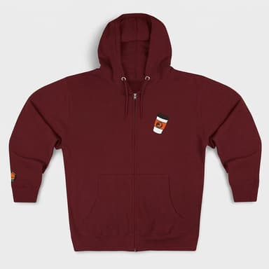Funny Coffee Zip-Up Hoodie, 80/20 Cotton Fleece, YKK Zipper, Cozy Midweight 8.25 oz, Back Graphic, Burgundy
