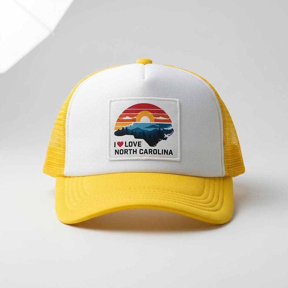 Trucker Baseball Cap, Mesh Back, Retro Sunset Bear & Mountains, North Carolina Pride, Adjustable One Size