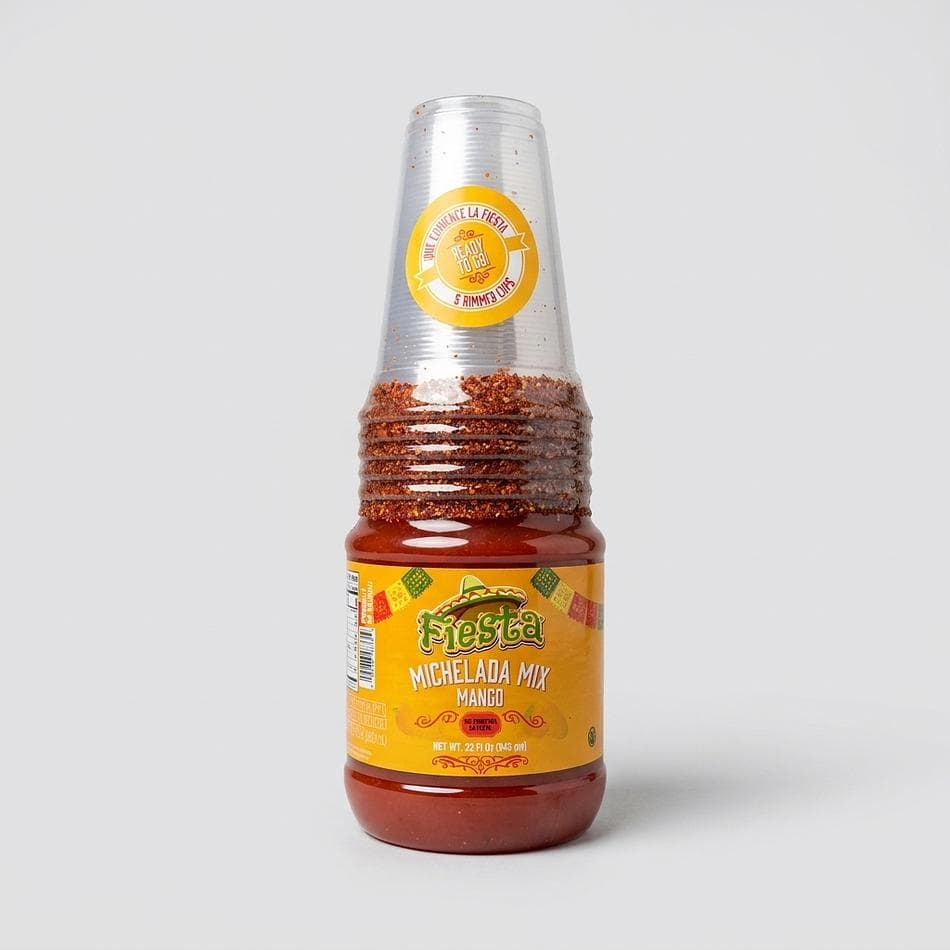 Mango Michelada Mix Bottle, Chili-Lime Flavor, Just Add Beer, Includes 6 Pre-Rimmed Party Cups, Party Kit
