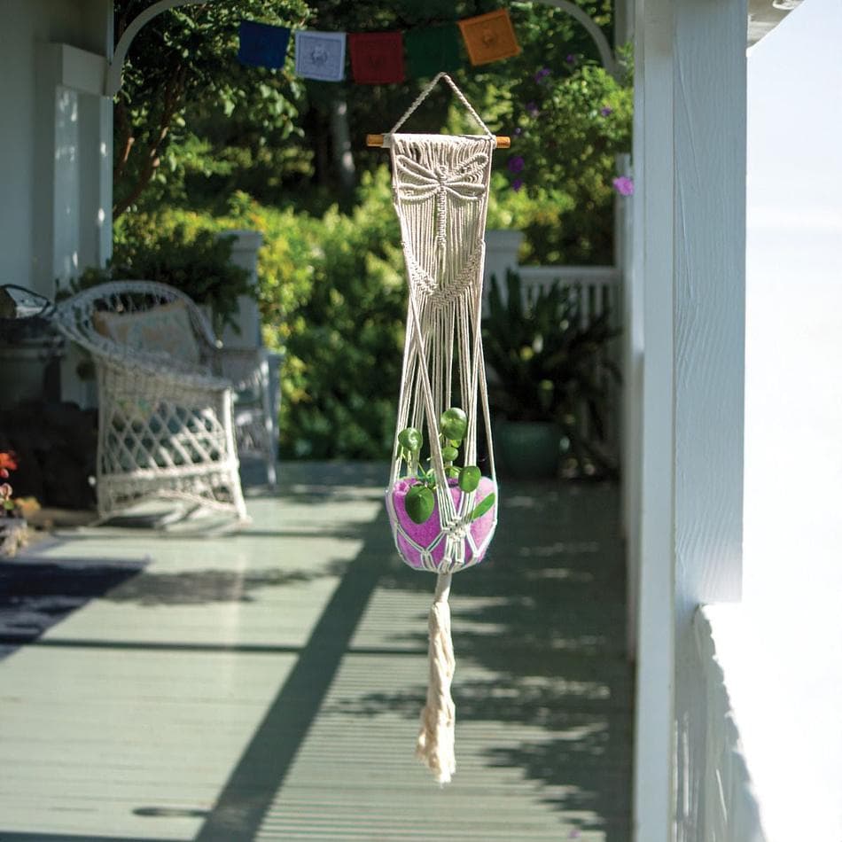 Macramé Plant Hanger, Natural Cotton, Dragonfly Design, Boho Hanging Planter Holder, 36 in x 8 in, Single