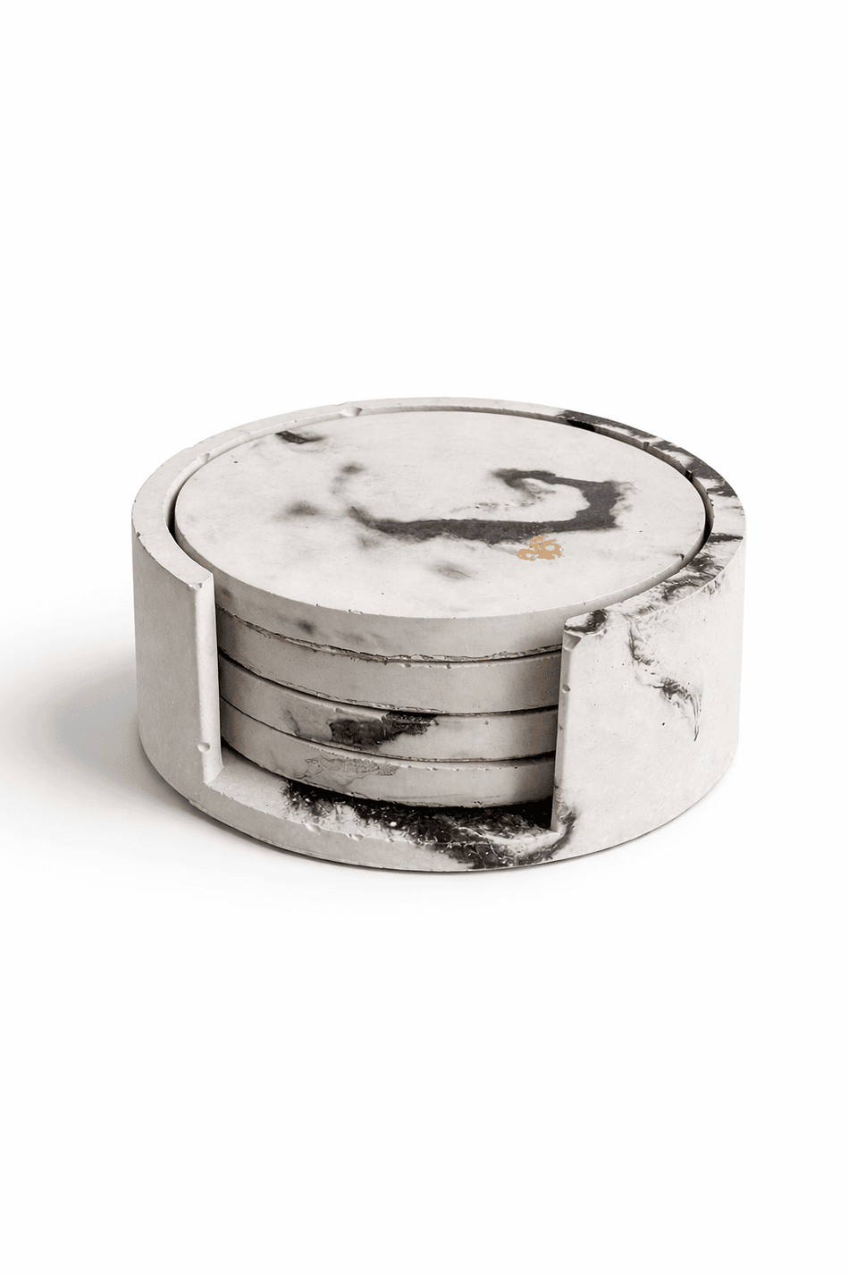 Handmade Concrete Coaster Set with Holder – 4 Round Marbled Coasters