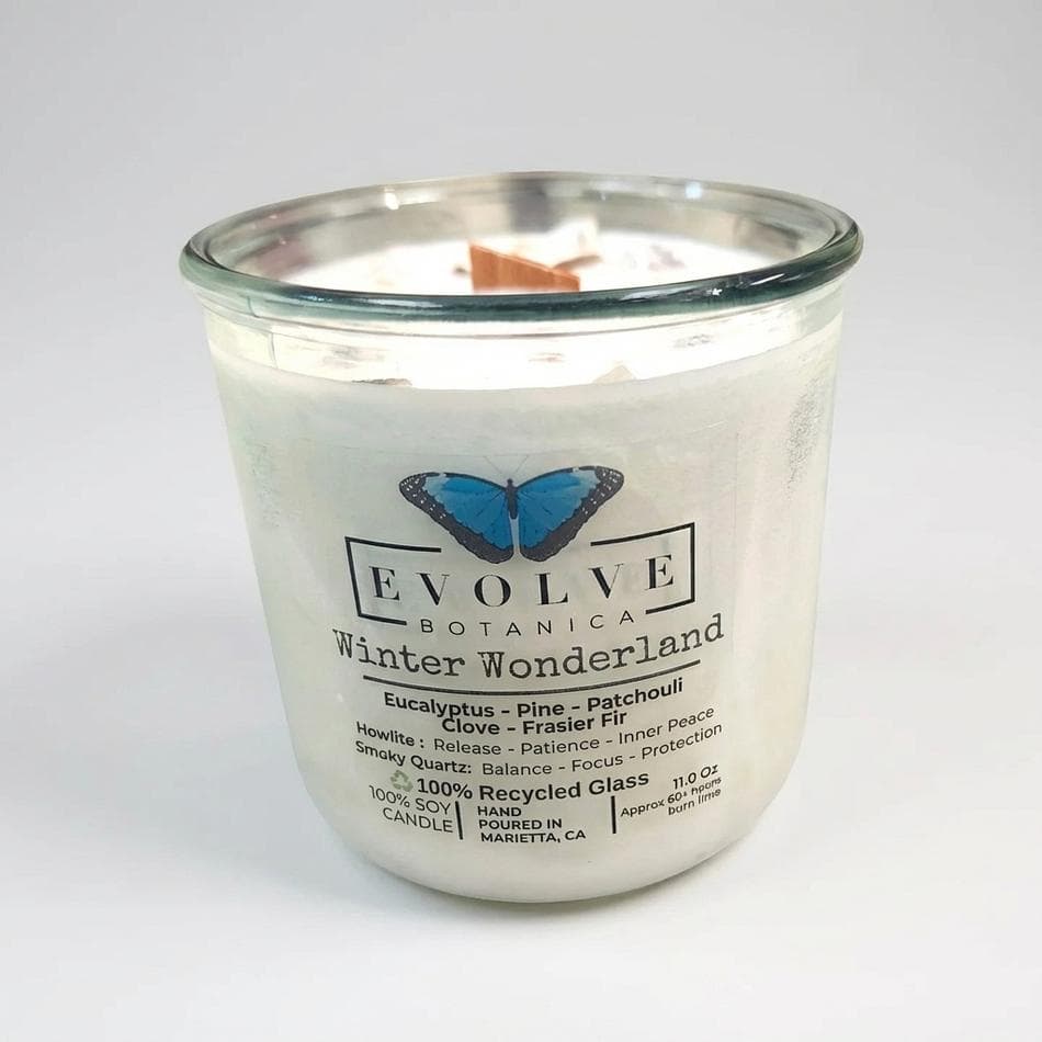 Soy Wood Wick Candle, Eucalyptus Pine & Clove, Clean Winter Scent, 11 oz Recycled Glass, Howlite & Smoky Quartz