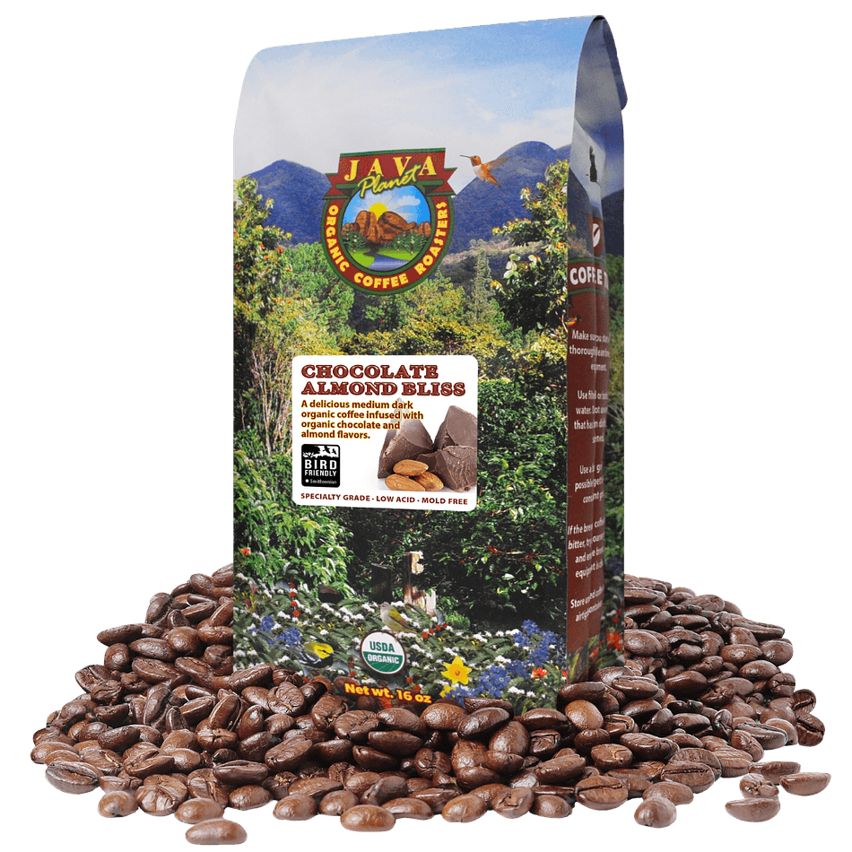 Java Planet Chocolate Almond Bliss Organic Flavored Coffee – Medium-Dark Roast, Low Acid, Bird Friendly®, Whole Bean, 1 lb
