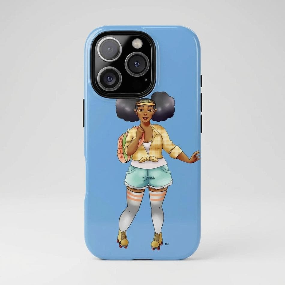 Protective iPhone Tough Case, Polycarbonate + TPU, Retro Body Positive Skater Afro Puffs Art, Wireless Charging, Matte/Glossy