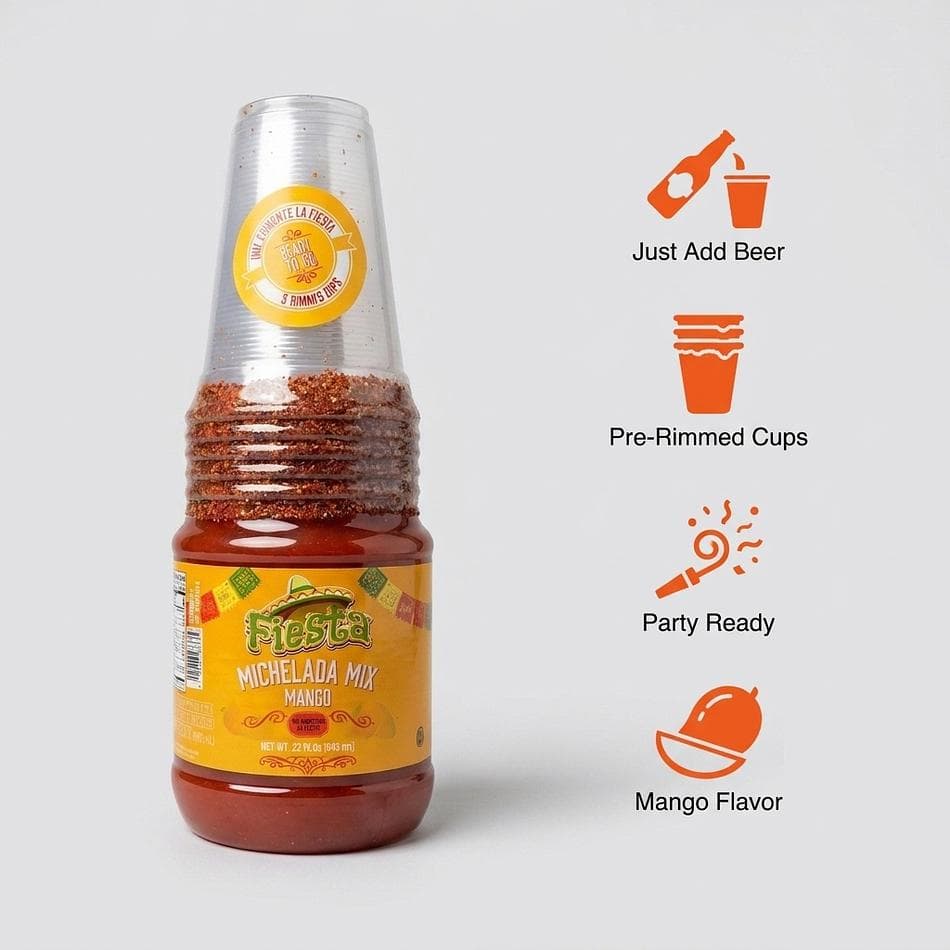 Mango Michelada Mix Bottle, Chili-Lime Flavor, Just Add Beer, Includes 6 Pre-Rimmed Party Cups, Party Kit