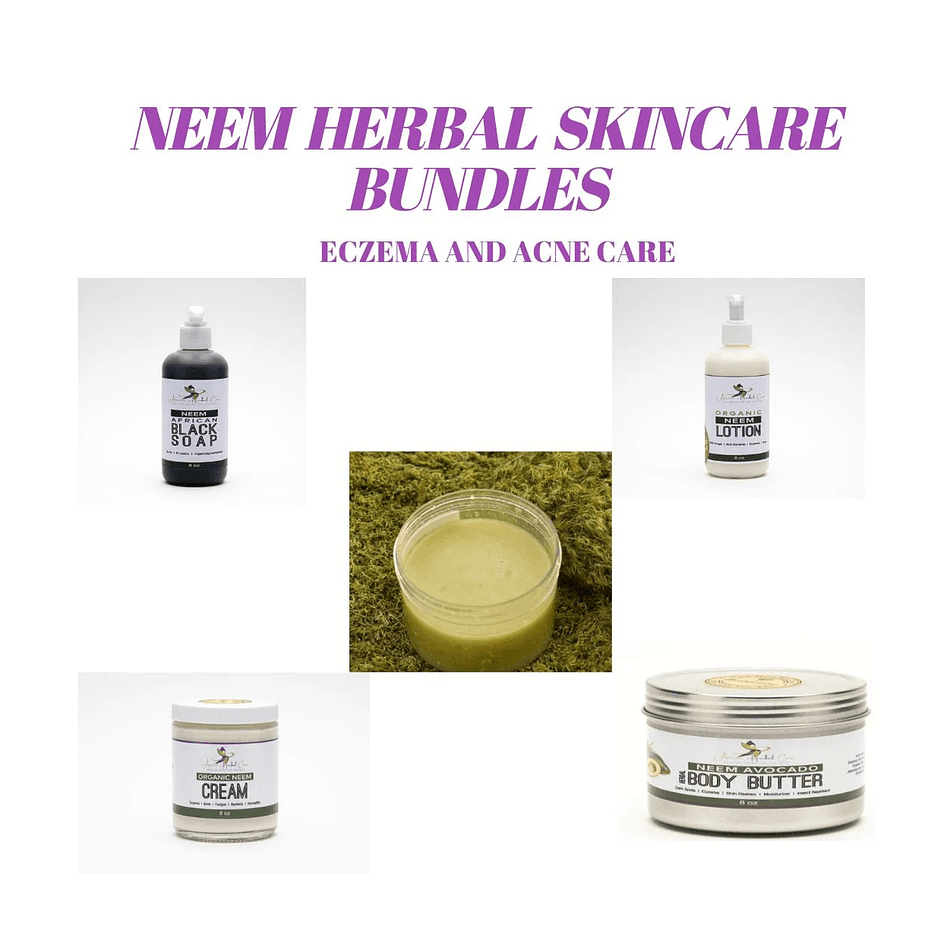 Neem Skincare Bundle, Neem Oil + Neem Powder + Neem Soap, Acne & Itchy Skin Relief, Vegan Set (5 Items)
