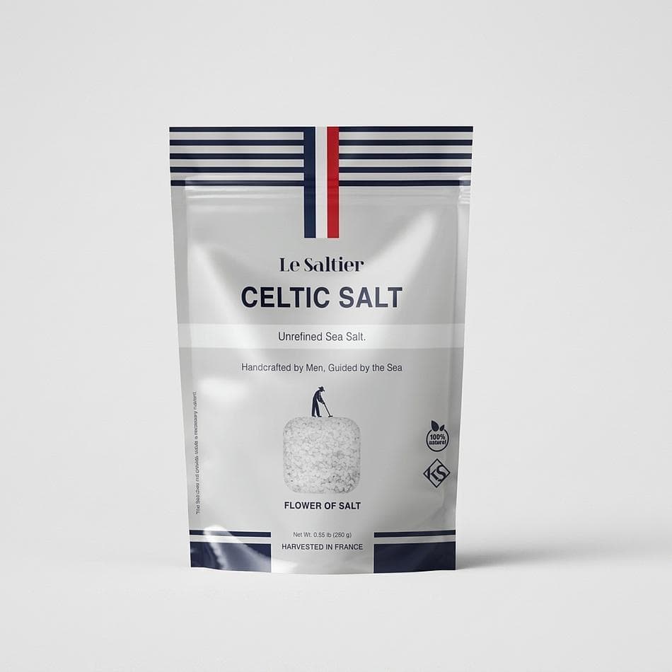 Fleur de Sel Finishing Sea Salt, Unrefined Celtic Flaky Crystals, Crisp Crunch & Mineral Flavor, 0.55 lb (8.8 oz)
