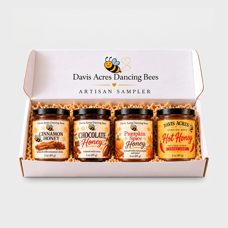 Honey Sampler Gift Box, 4 x 3 oz Mini Jars, Raw & Infused Honey Variety Pack, Tasting Flight, Ready to Gift
