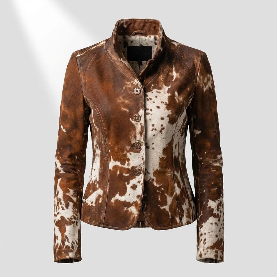 Women’s Cow Print Blazer Jacket, 100% Polyester, Unlined Button-Up, Western Statement Layer, Dark Brown, Sizes S–2XL