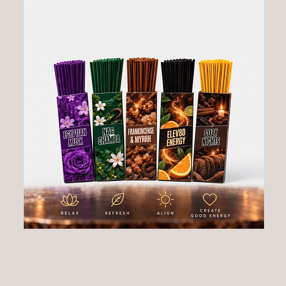 Incense Stick Variety Bundle, 5 Scents, Bamboo Core, Long-Lasting Home Fragrance, 100 Sticks + Free Holder, 10 Inch