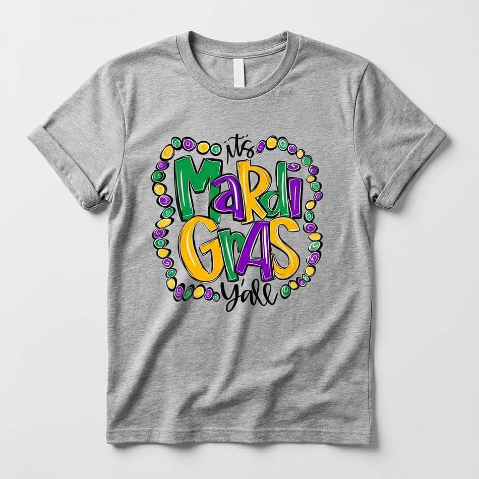 Mardi Gras Graphic T-Shirt, Polyester Stretch Knit, Party Parade Outfit, Crew Neck Short Sleeve, S–2XL