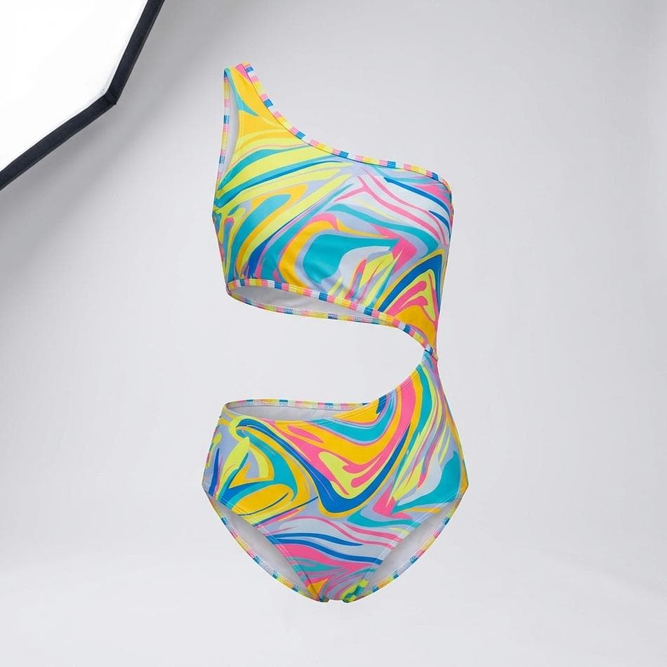 One-Shoulder Cutout One-Piece Swimsuit, Marble Print, Removable Cups, Fully Lined, Cheeky Fit, Women’s Sizes S–XL