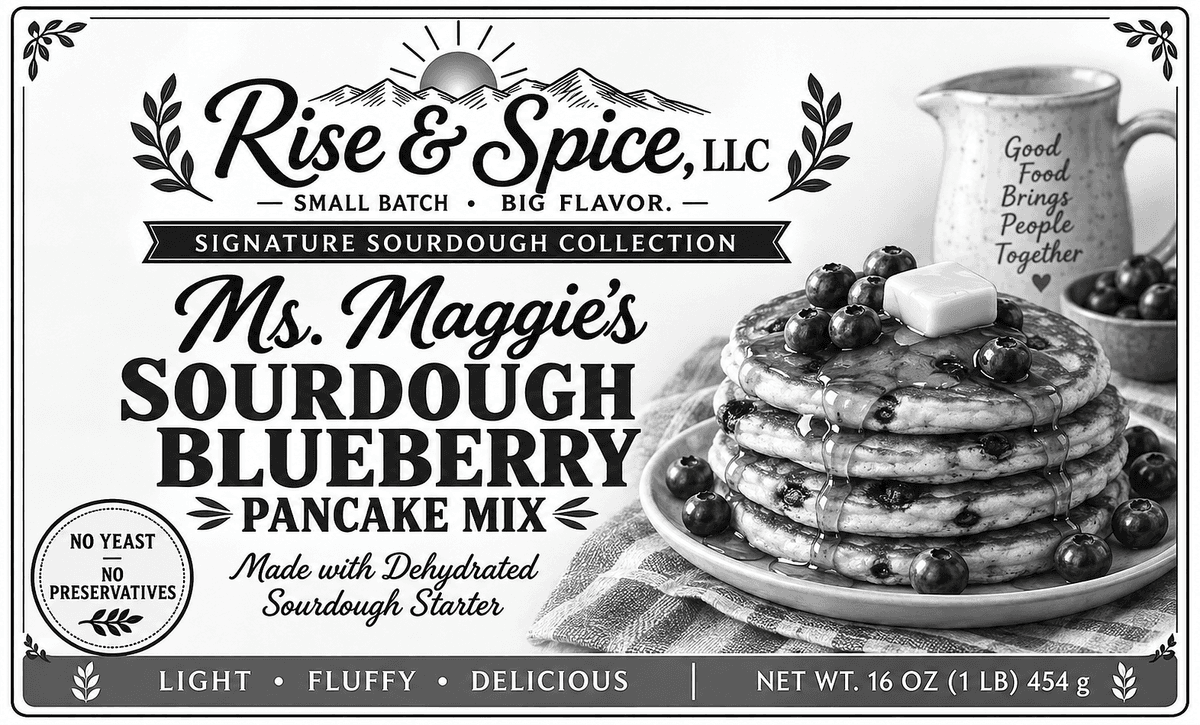 Ms. Maggie‘s sourdough blueberry pancake mix.