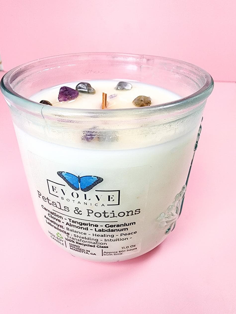 Gemstone Soy Candle, Amethyst & Labradorite, Crackling Wood Wick, Floral Spice Scent, 1 Candle