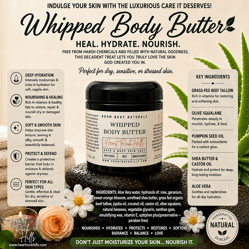 Whipped Body Butter: Grass-Fed Tallow & Shea Butter, Deep Moisture for Dry Skin,